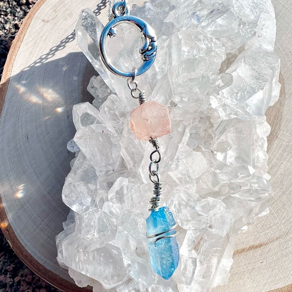 Blue & Peach Luna Aura Quartz Necklace - Picture 3 of 6